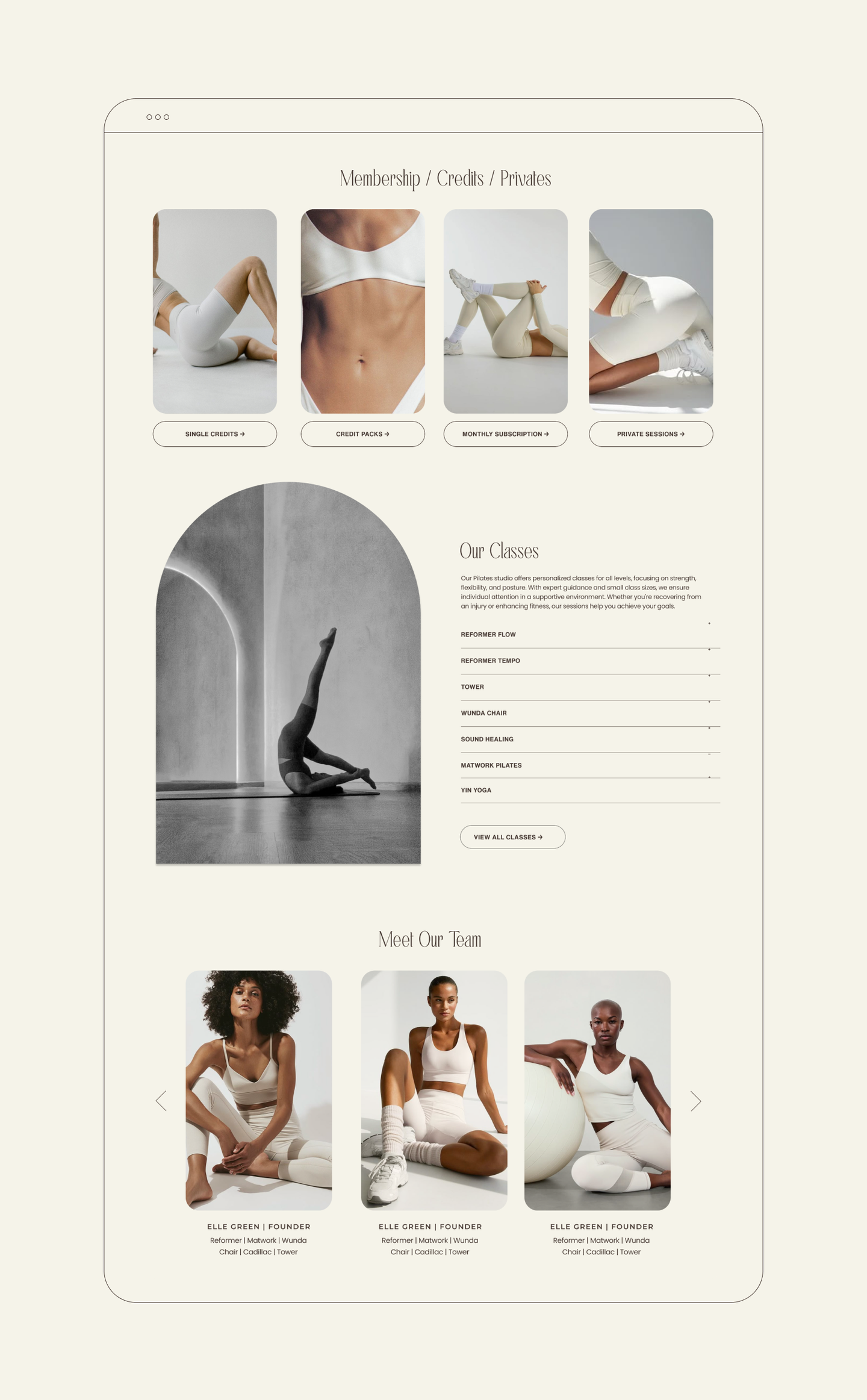 Proposed website design mockup for Posture Pilates Dubai, showcasing membership cards, contact form section and Meet the team