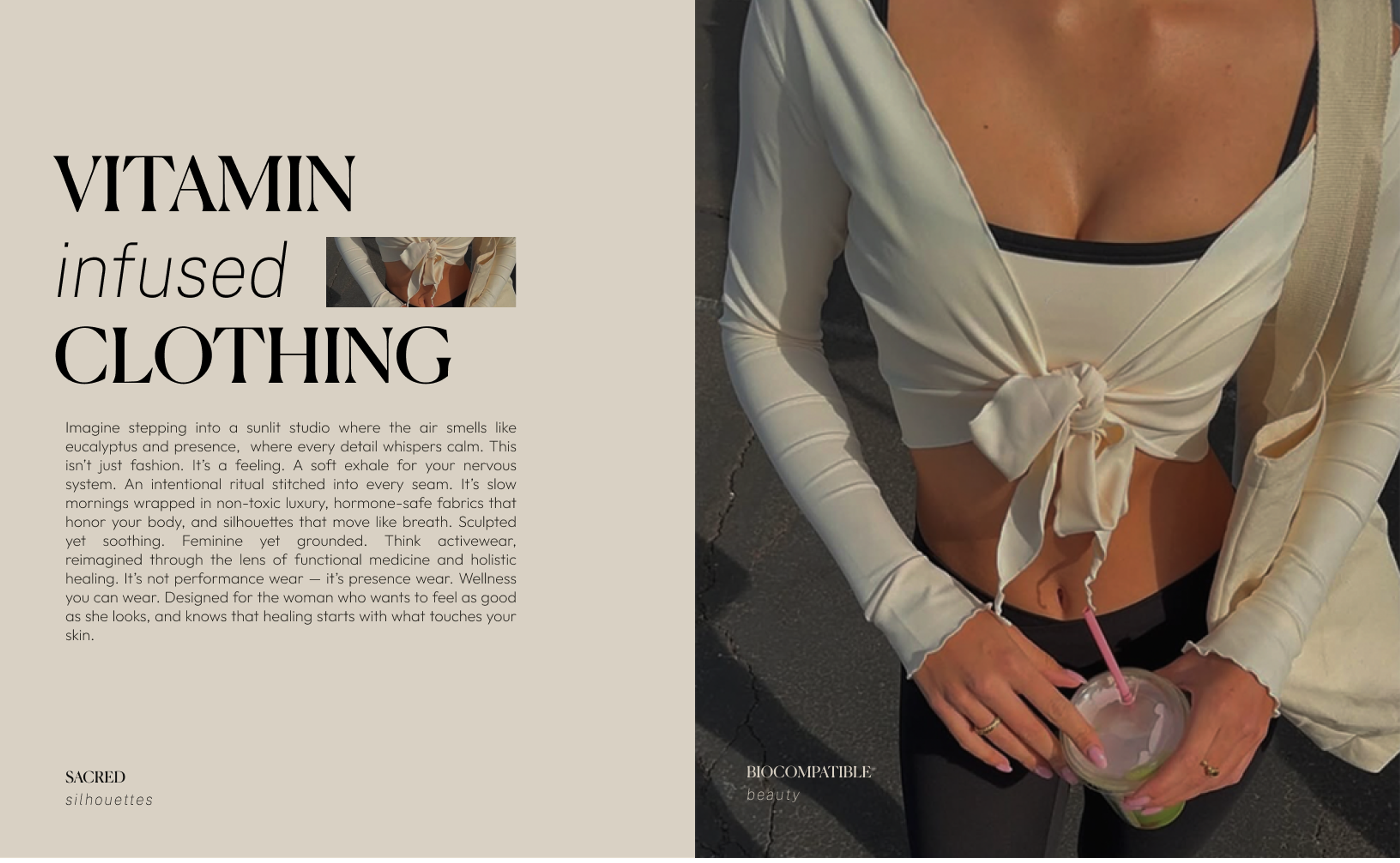 MAIKA visual for vitamin infused clothing, featuring mindful copy and product styling, capturing modern wellness apparel branding by Eeze Studio
