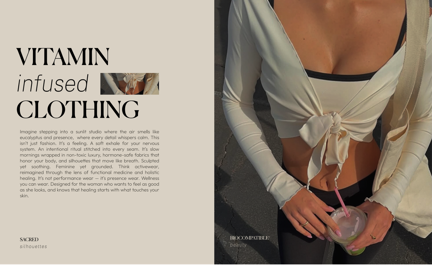 MAIKA visual for vitamin infused clothing, featuring mindful copy and product styling, capturing modern wellness apparel branding by Eeze Studio