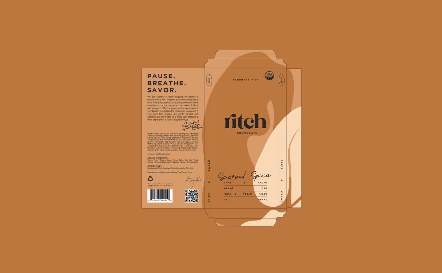 Flat dieline view of Ritch Handmade Chocolate’s Sacred Spice packaging, revealing full front and back artwork.