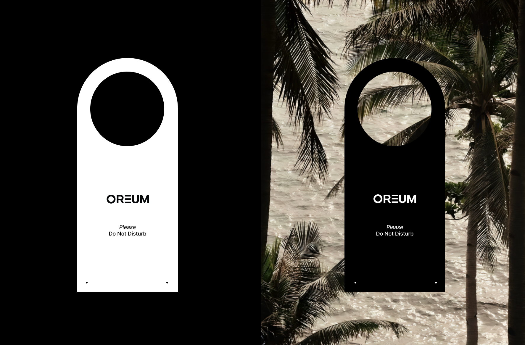 OREUM Hospitality Collateral—Do Not Disturb Door Hanger Design by Eeze Studio Custom do not disturb door hanger designs for OREUM hospitality brand, presented in black and white over tropical palm backdrop; hotel branding collateral created by Eeze Studio for elevated Bali resorts.