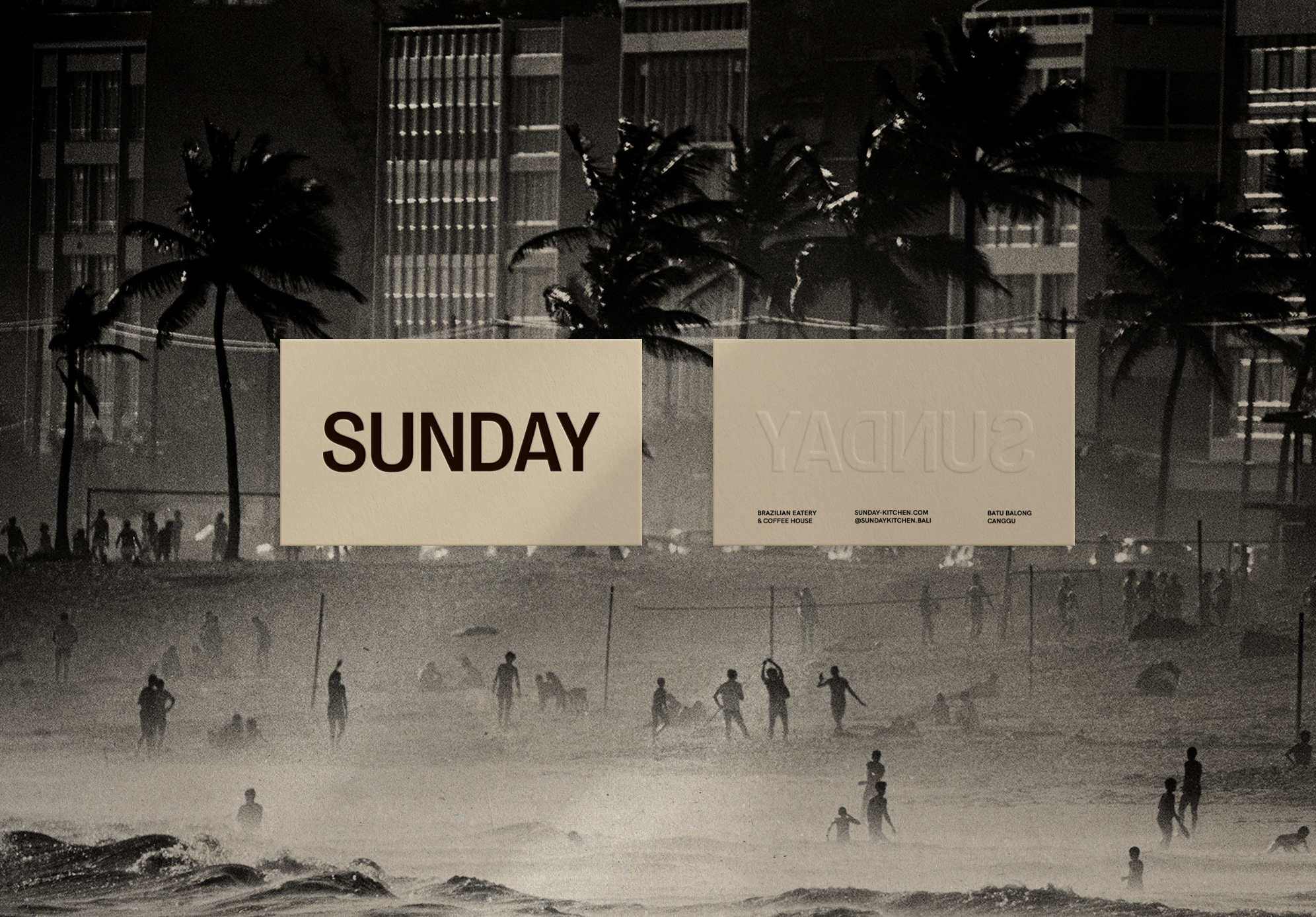 Sunday Kitchen Brand Collateral and Beach – Restaurant Identity Design Bali Collage featuring Sunday Kitchen brand collateral against a City beach scene with palm trees and silhouettes, emphasizing restaurant identity, branding, and location in Canggu
