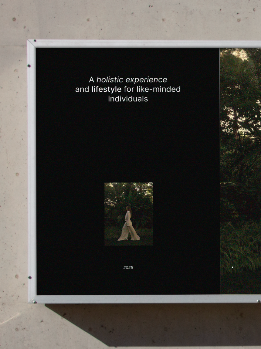 OREUM Poster Design—Holistic Lifestyle Brand Promotion by Eeze Studio Brand poster for OREUM presenting holistic lifestyle messaging and resort editorial imagery in bold black-and-white; brand identity and campaign visual by Eeze Studio for Bali wellness hospitality brands.