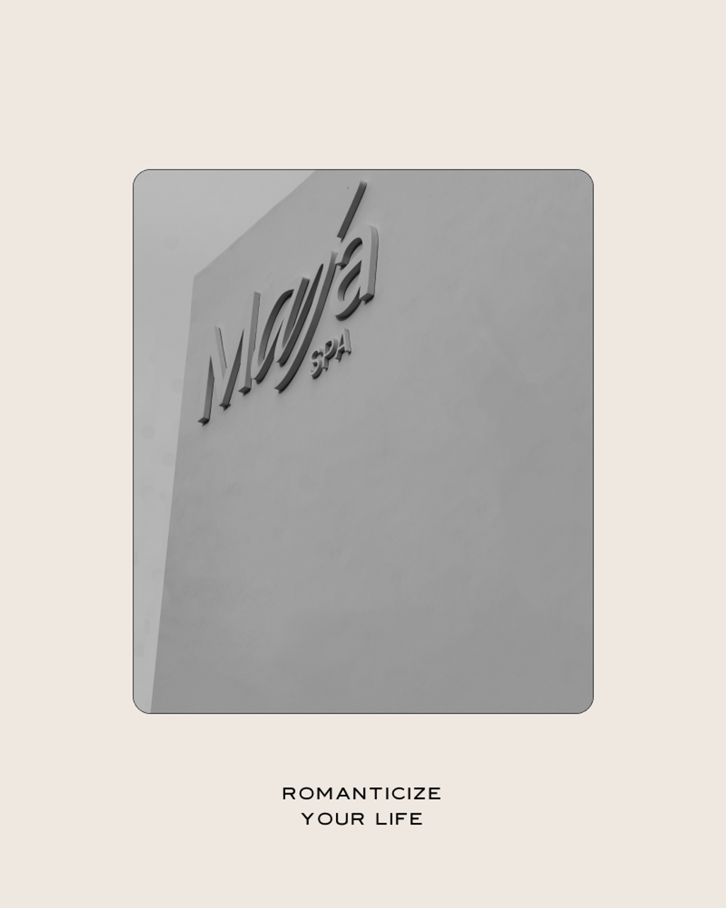 MAJA Bali Spa Monochrome Facade – Brand Visual for Boutique Studio Black and white artistic facade of MAJA Spa with bold logo and “Romanticize Your Life” messaging, representing studio creative direction for Bali boutique hotel and spa