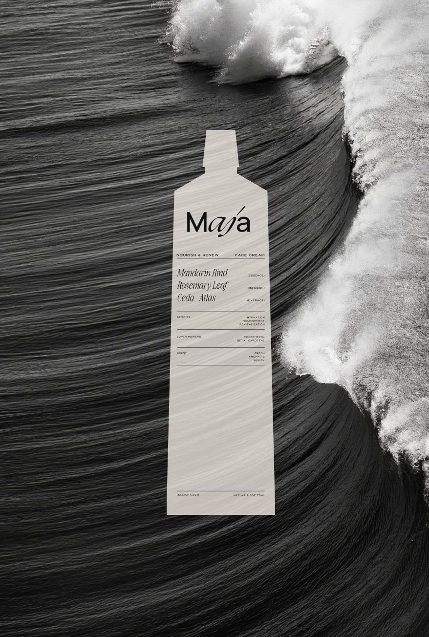 MAJA Bali Face Cream Collage – Nature-Inspired Branding Visuals MAJA Bali face cream packaging overlaid on black and white ocean waves, combining natural elements and minimalist spa branding for boutique hotel identity