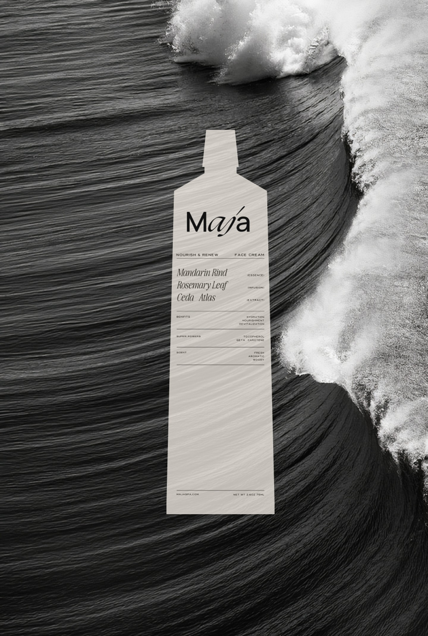 MAJA Bali face cream packaging overlaid on black and white ocean waves, combining natural elements and minimalist spa branding for boutique hotel identity