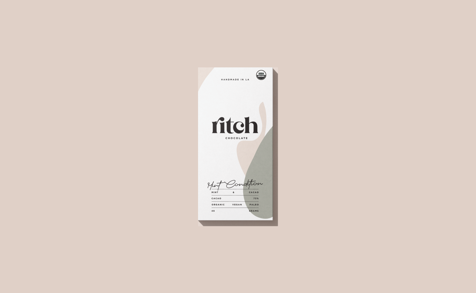 Ritch Handmade Chocolate – Mint Condition Packaging Design by eeze studio Minimalist packaging design for Ritch Handmade Chocolate’s Mint Condition bar, featuring abstract shapes and earthy tones.