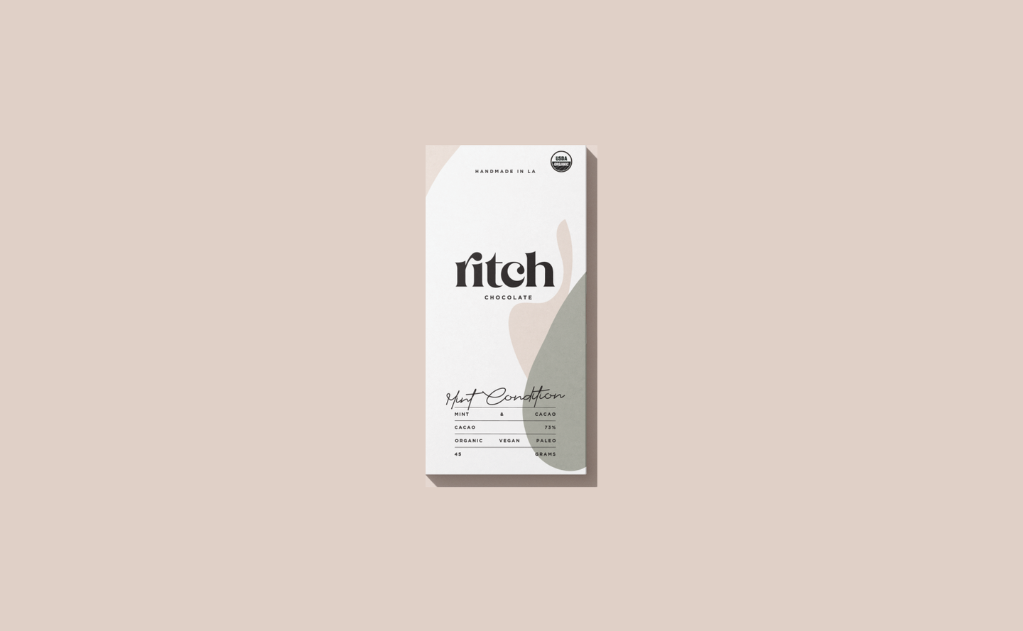 Ritch Handmade Chocolate – Mint Condition Packaging Design by eeze studio Minimalist packaging design for Ritch Handmade Chocolate’s Mint Condition bar, featuring abstract shapes and earthy tones.