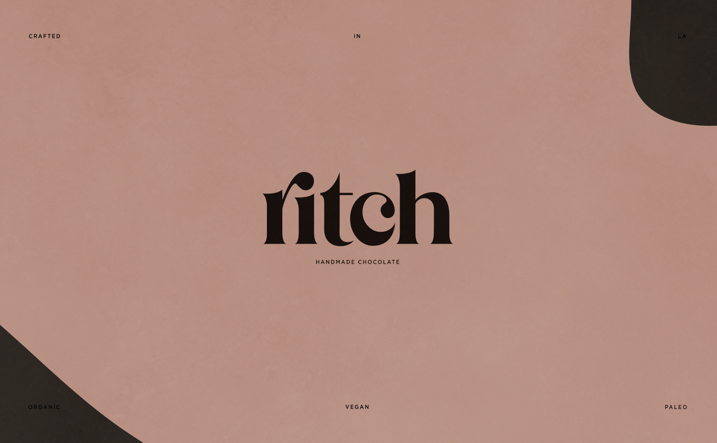 Brand identity lockup for Ritch Handmade Chocolate featuring serif logotype and soft organic shapes in Dark Night theme colors.