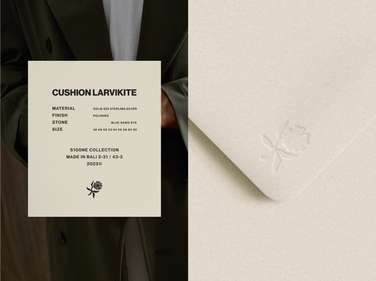 BØME Studios Cushion Larvikite collection spec card by Eeze Studio Split image with a model in an overcoat partially visible behind a clean specification card for the Cushion Larvikite ring on the left and an embossed BØME flower mark on textured cream paper on the right, showcasing jewelry collection identity and print design created by Eeze Studio.