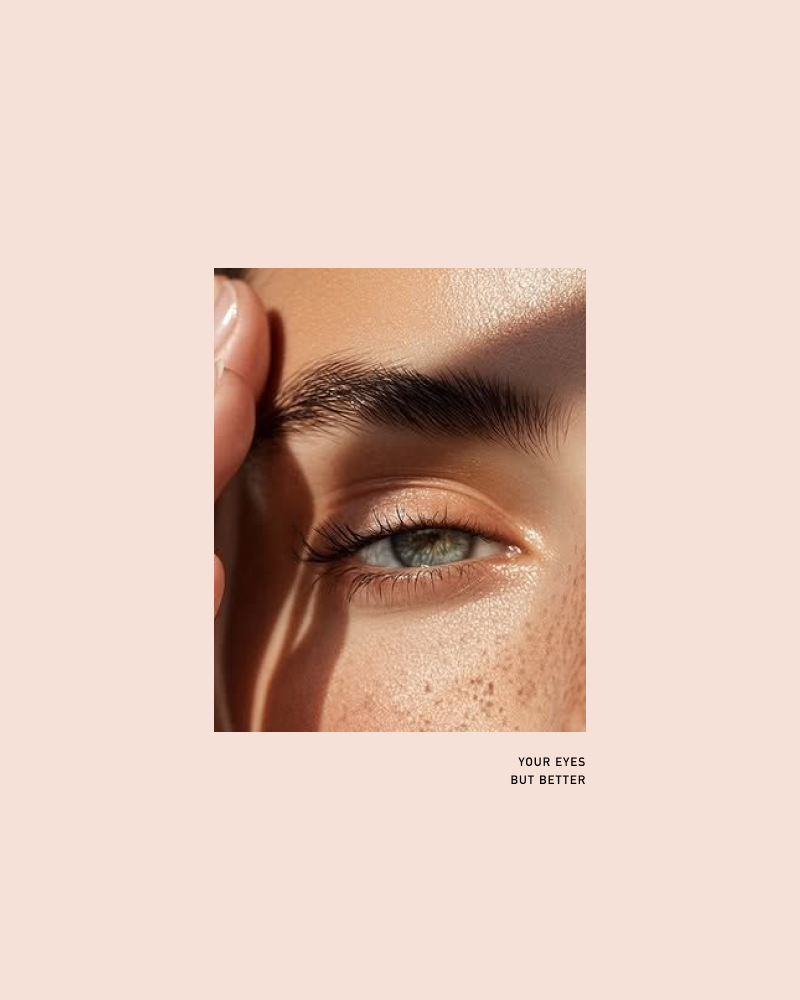Eyecandy Lashes Rebrand Visual – Natural Lash Close‑Up by Eeze Studio Close‑up of natural eye with groomed brows and soft lashes on blush layout, part of Eyecandy Lashes rebranding and custom website design by Eeze Studio