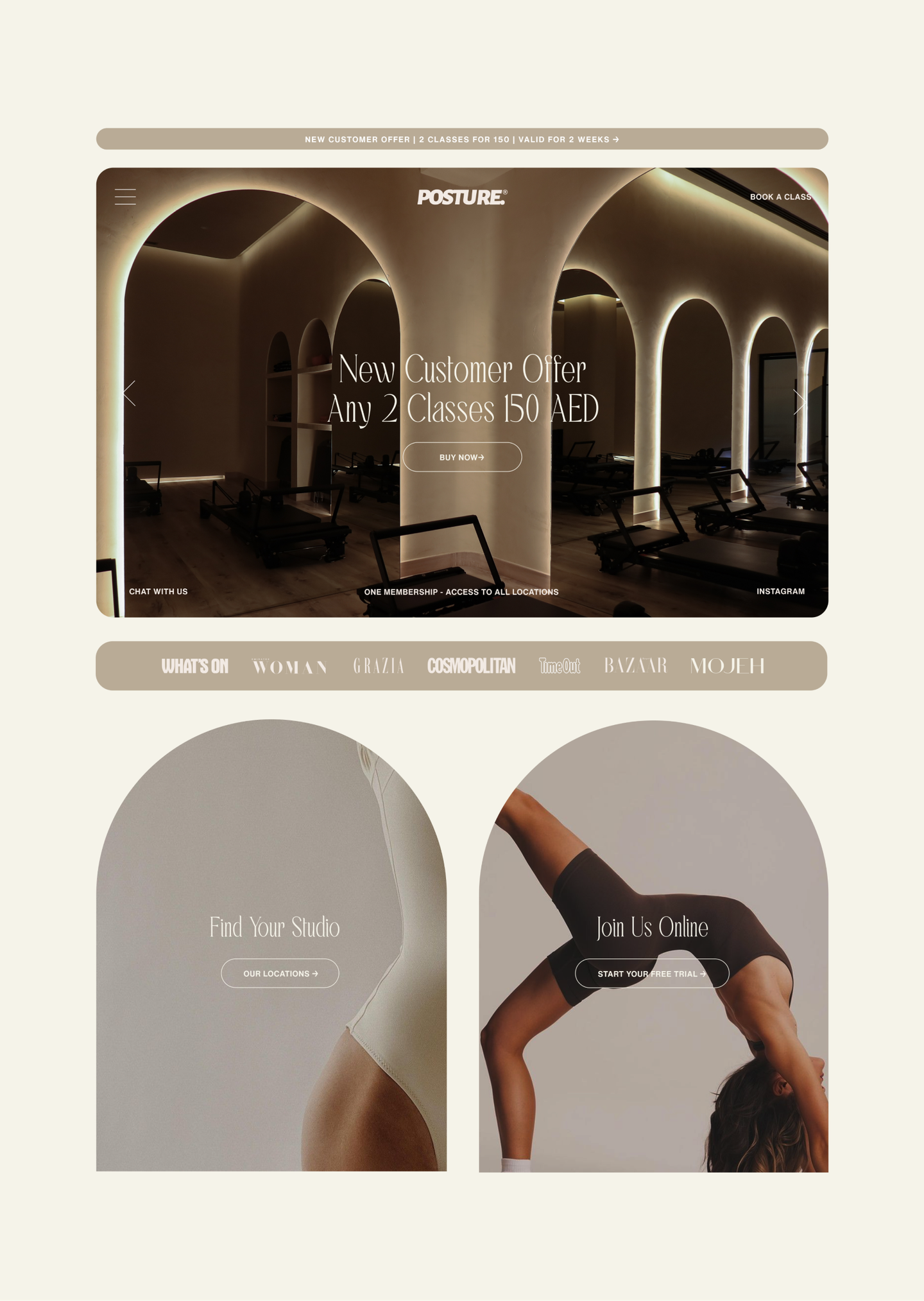 Posture Pilates' website mockup for Header, Featured In and Featured Cards. Design by eeze studio