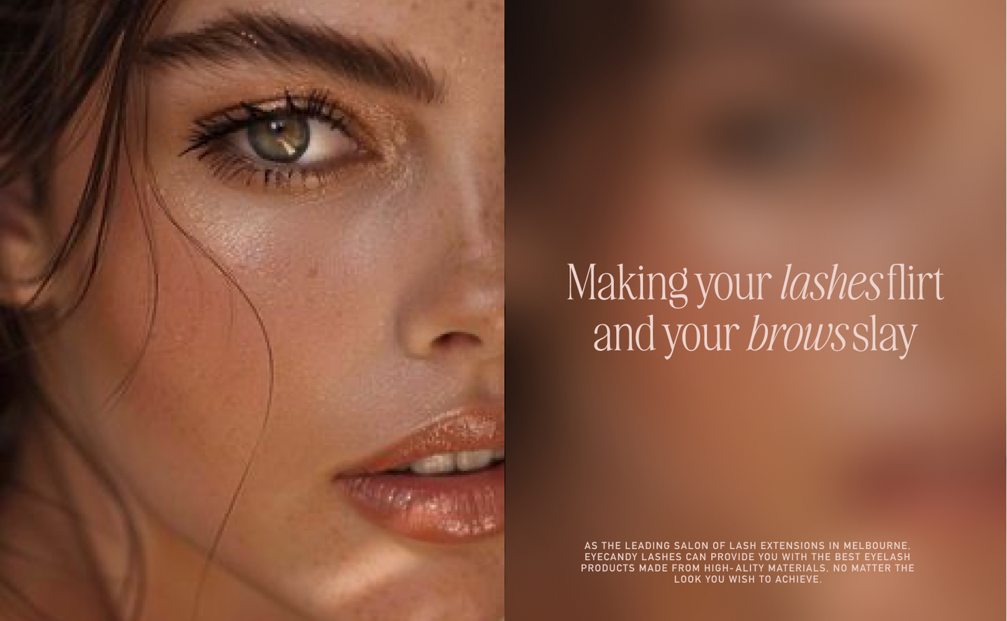 Website mockup of an Image-Text banner for Eyecandy Lashes featuring modern design with bold typography and high-contrast visuals. Design by eeze studio.