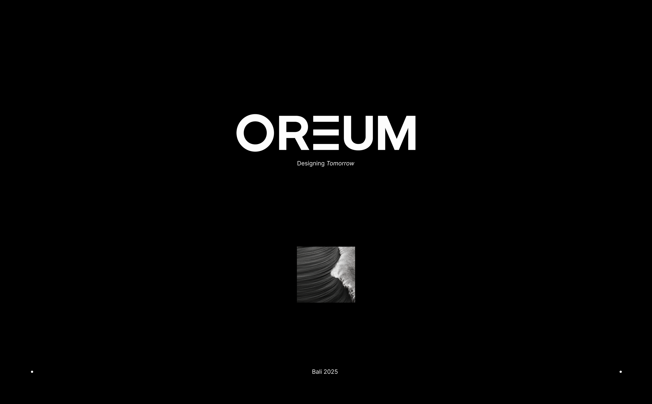 OREUM Website Homepage—Luxury Wellness Brand Visual by Eeze Studio OREUM homepage design in minimalist black with bold luxury logo and ocean wave feature imagery; website developed and branded by Eeze Studio for Bali wellness and hospitality brands.