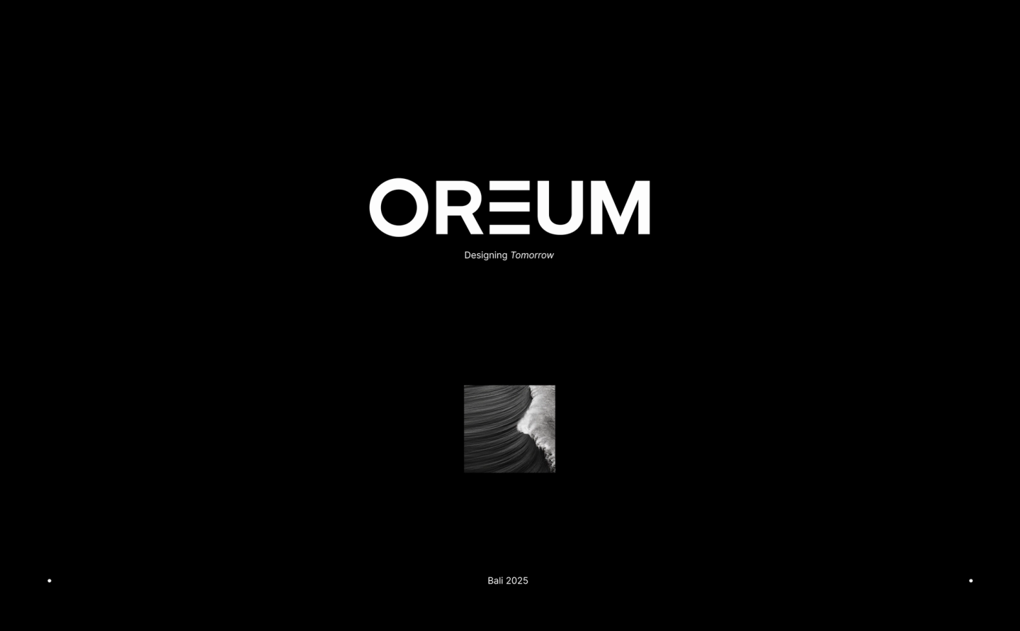 OREUM homepage design in minimalist black with bold luxury logo and ocean wave feature imagery; website developed and branded by Eeze Studio for Bali wellness and hospitality brands.