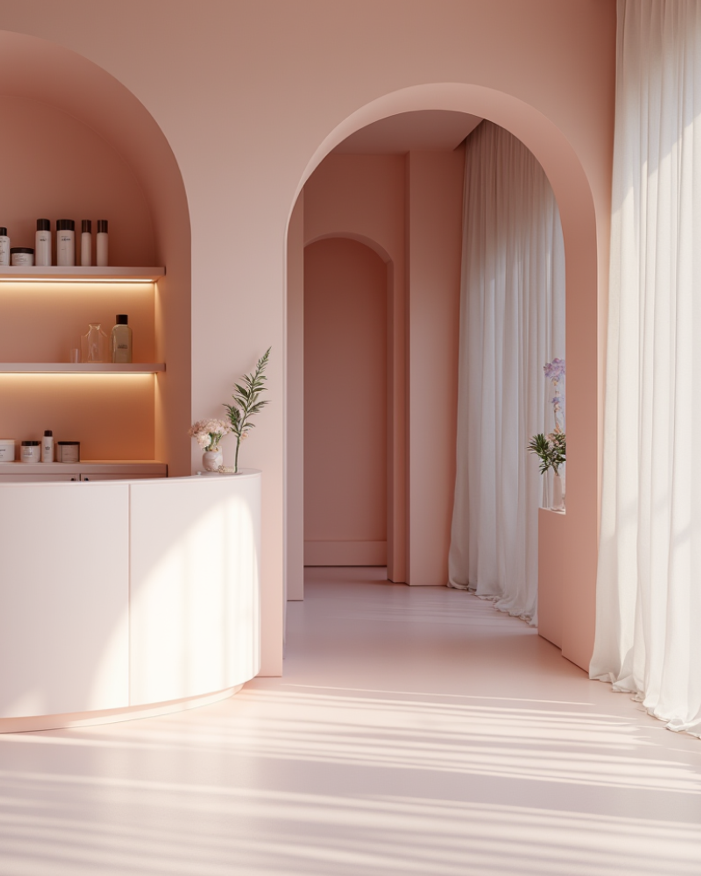 Sunlit blush reception with arched shelving and product display, photographed for Eyecandy Lashes rebrand and bespoke web experience by Eeze Studio