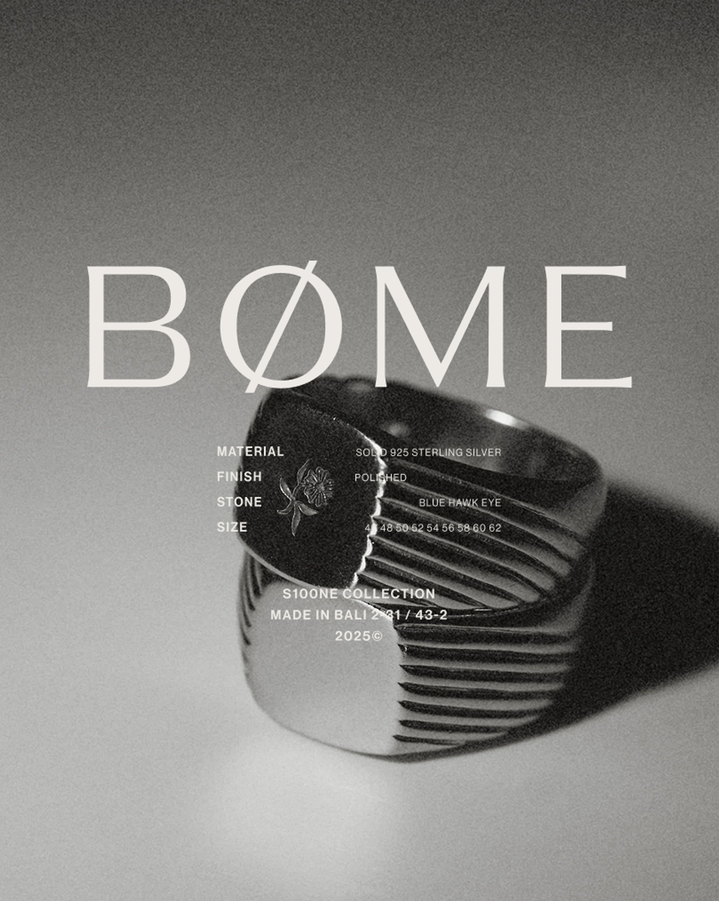 Black and white product shot of a BØME Studios mens signet ring with overlaid material, finish, and sizing details, showcasing refined jewelry art direction and product identity design created by Eeze Studio for the brand.