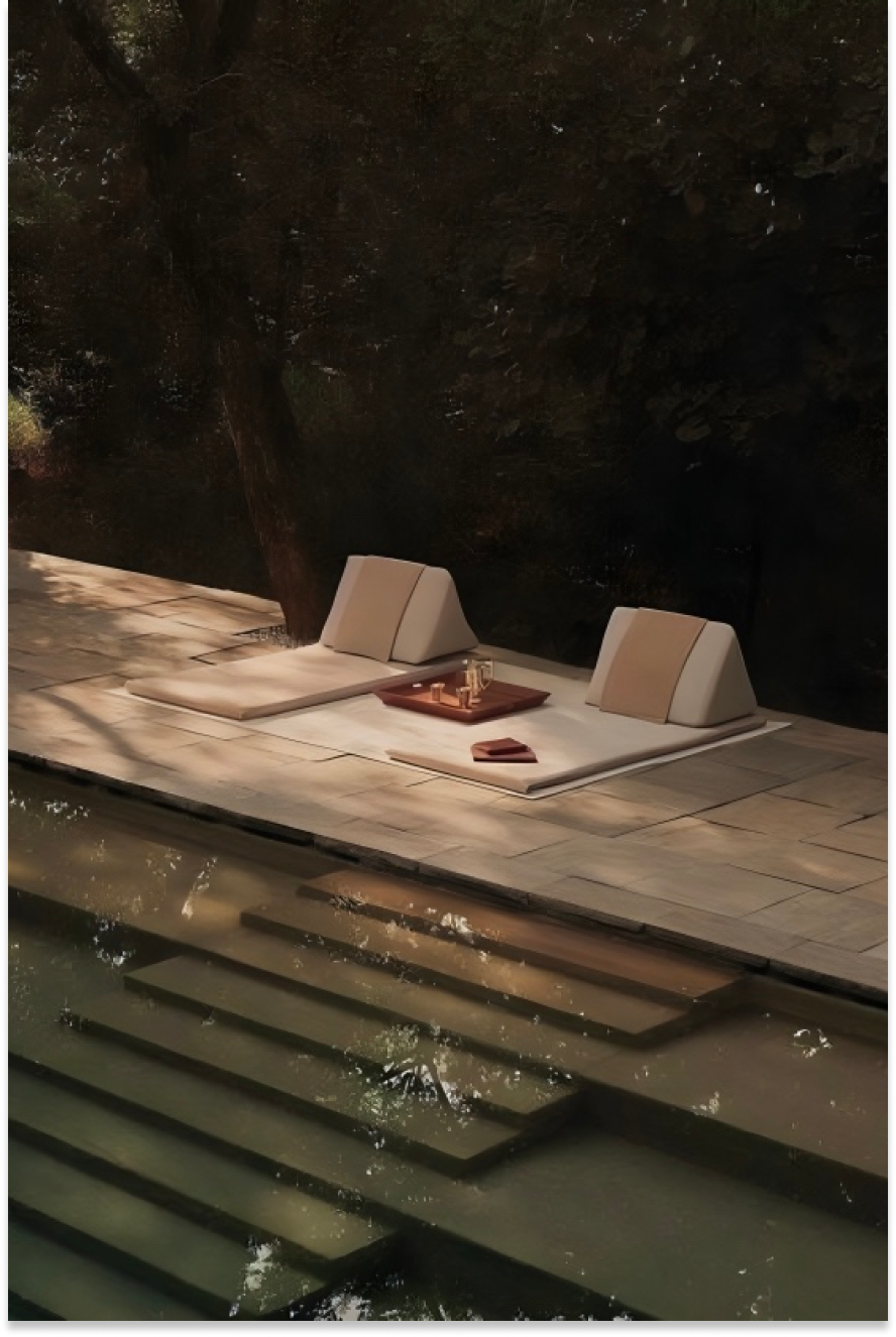 OREUM Luxury Hospitality Branding—Outdoor Pool Leisure Scene by Eeze Studio Premium hospitality branding for OREUM featuring minimalist sun loungers and tranquil outdoor pool setting surrounded by nature; brand identity and website developed by Eeze Studio in Bali.