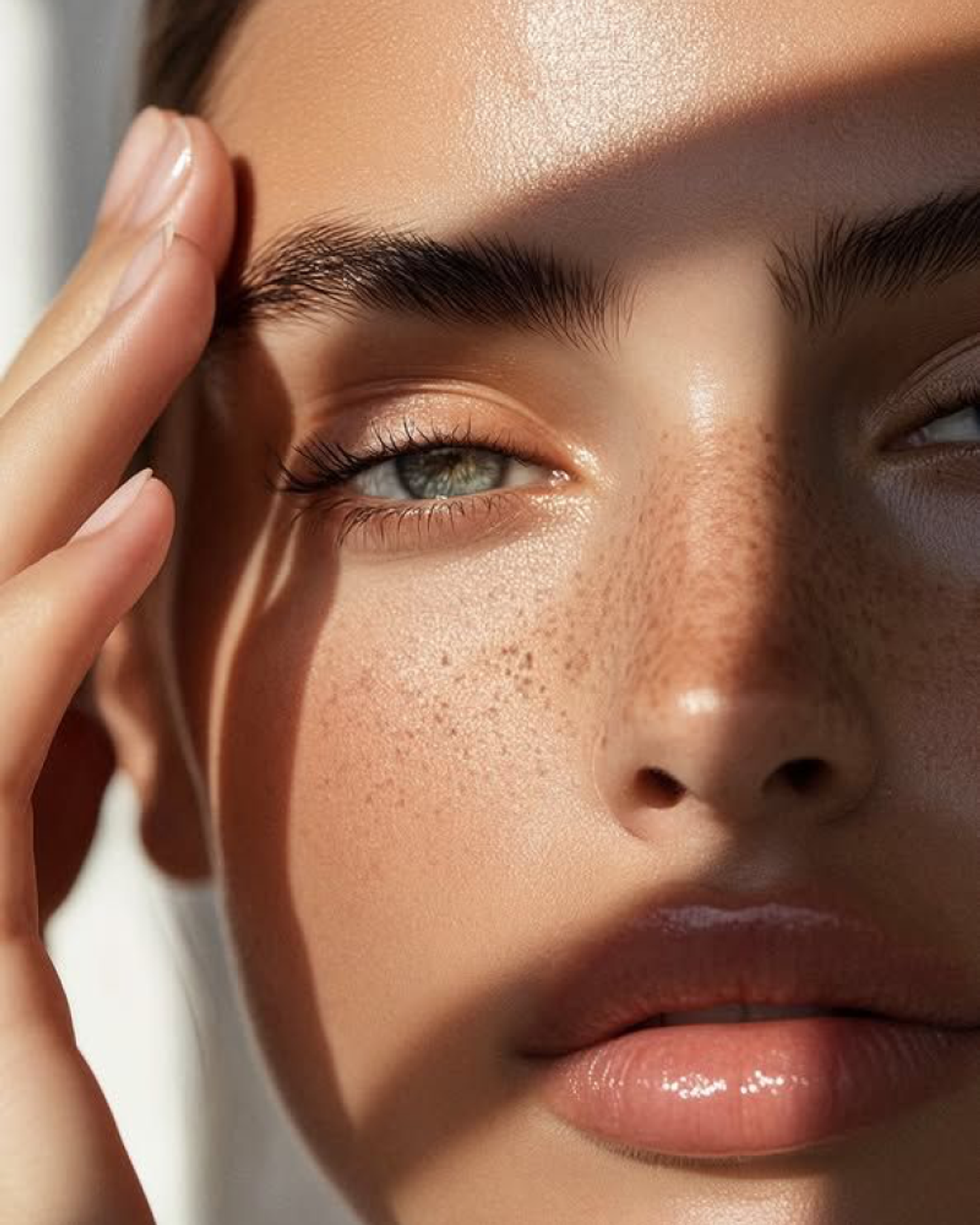 Eyecandy Lashes Beauty Close‑Up – Editorial Brand Asset by Eeze Studio Editorial beauty close‑up with glossy skin, freckles, bold brows, and soft lashes, created for Eyecandy Lashes rebranding and custom website by Eeze Studio