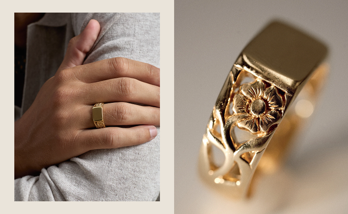 BØME Studios gold floral signet ring lifestyle detail by Eeze Studio Split composition showing a man wearing a gold BØME Studios floral signet ring on the left and a close-up of the carved flower detail on the right, highlighting refined mens jewelry art direction and product photography created by Eeze Studio for the brand.