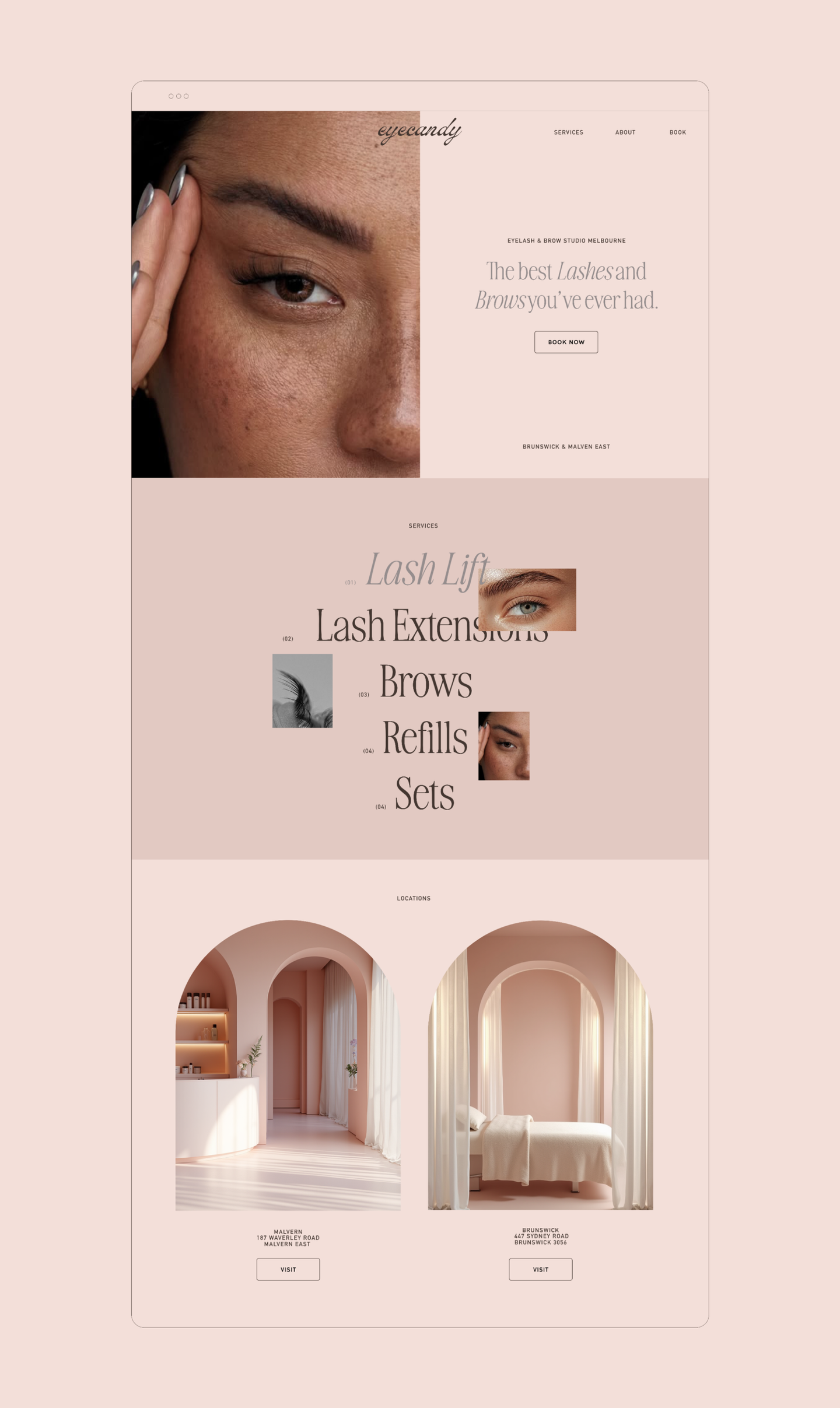 Proposed Website Mockup for Eyecandy Lashes showing the Header, Main Navigation and Location Cards