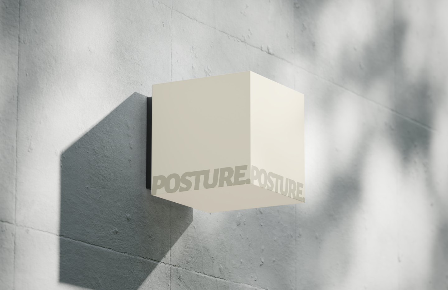POSTURE Brand Refresh – Outdoor Signage and Web Design by Eeze Studio Minimalist outdoor cube banner featuring POSTURE branding on concrete wall, from branding refresh and web design project by Eeze Studio