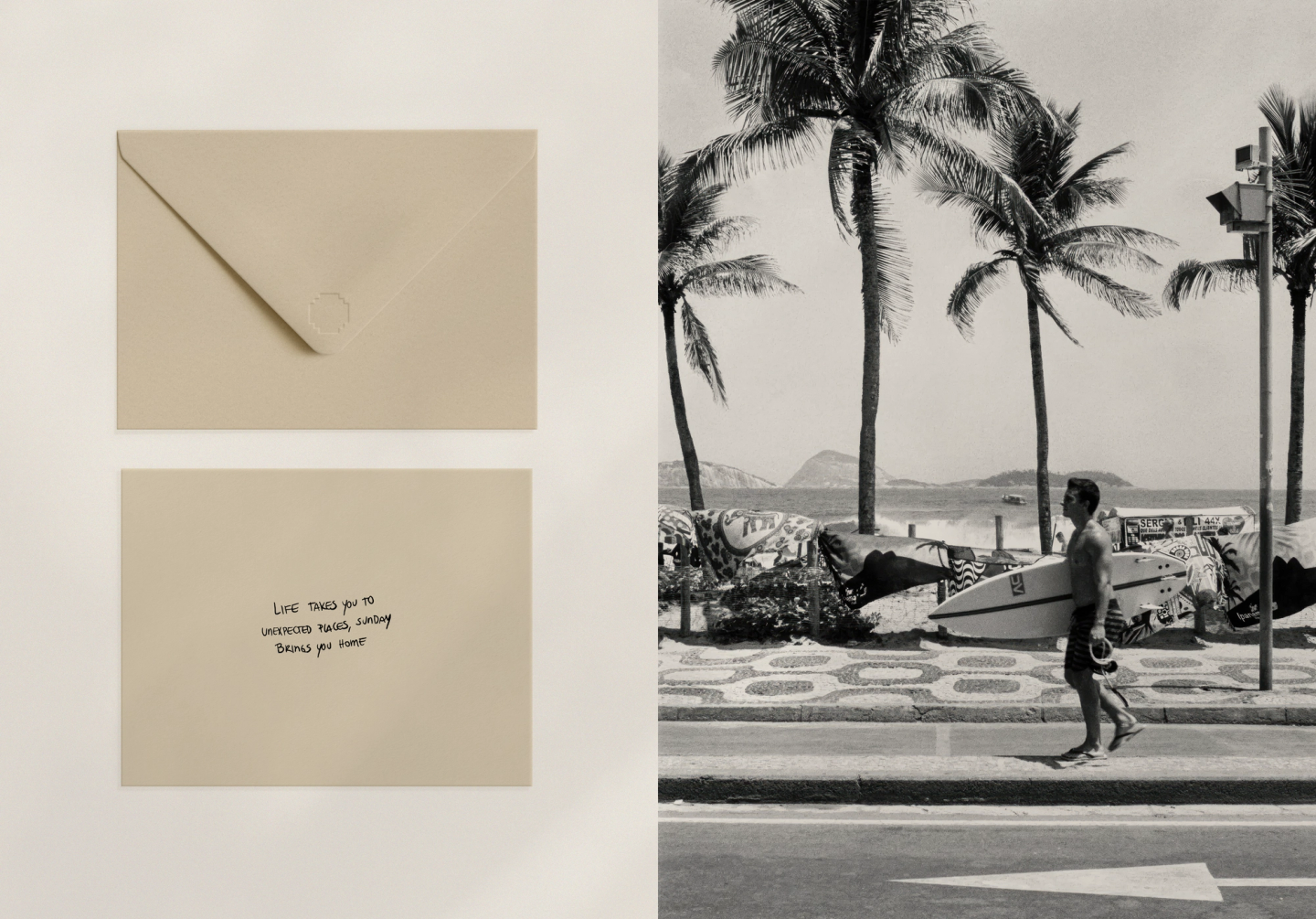 Minimalist stationery set with handwritten note and black and white surfer photograph, highlighting lifestyle branding for Sunday Kitchen, Canggu Bali