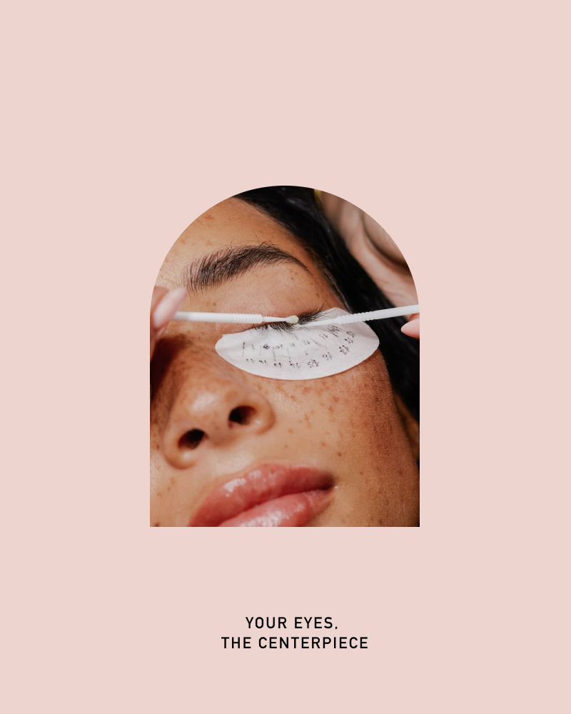 Eyecandy Lashes Lift & Tint – Brand Campaign Visual by Eeze Studio Lash lift with silicone shield and brush on model’s eye in soft blush palette, campaign asset for Eyecandy Lashes custom website by Eeze Studio