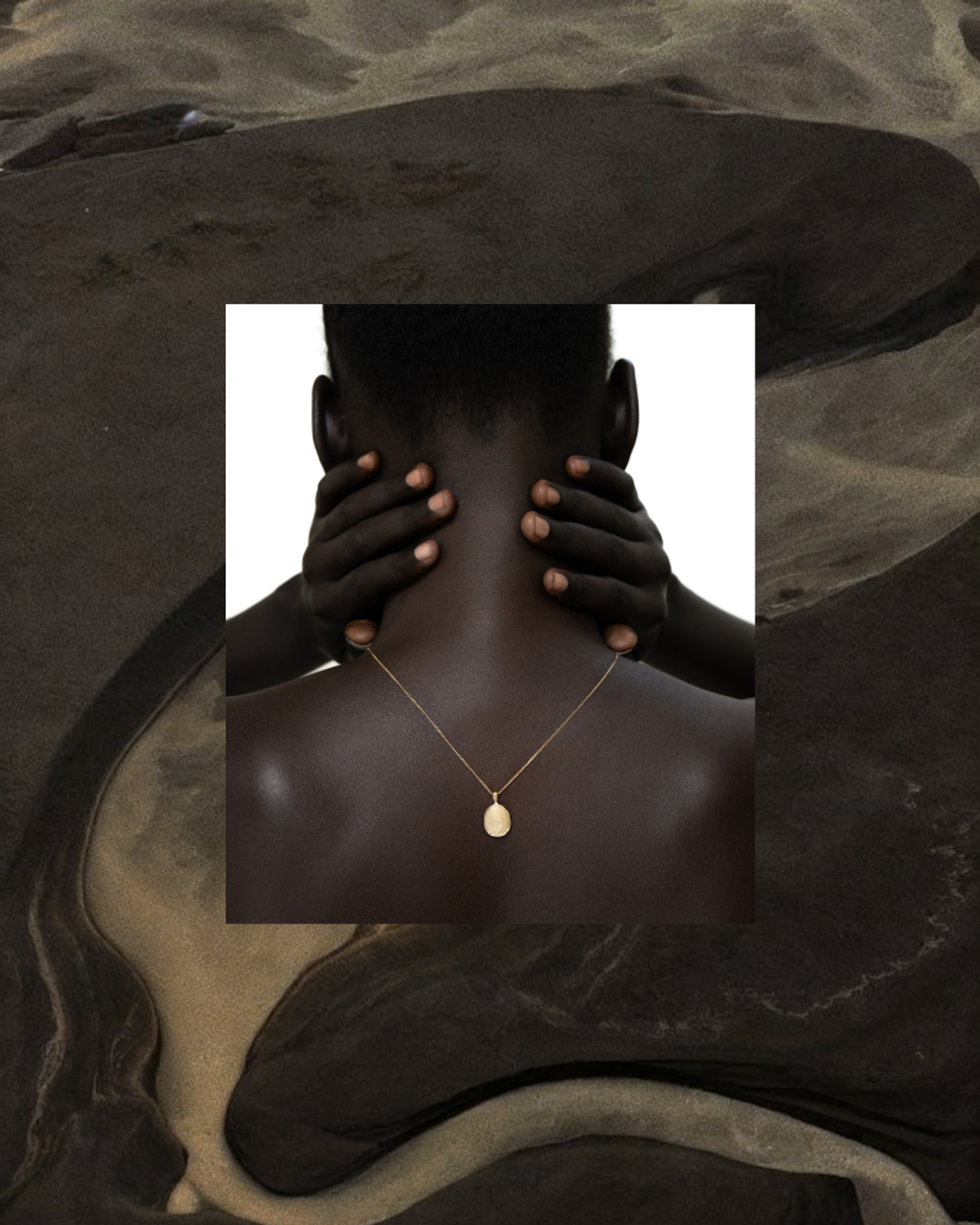 OMOI Jewelry Forever Pendant Back View – Brand Campaign Visual by Eeze Studio Back view of model with OMOI Jewelry gold Forever Pendant centered on neck, campaign image composited over dark landscape texture for Shopify brand rollout by Eeze Studio