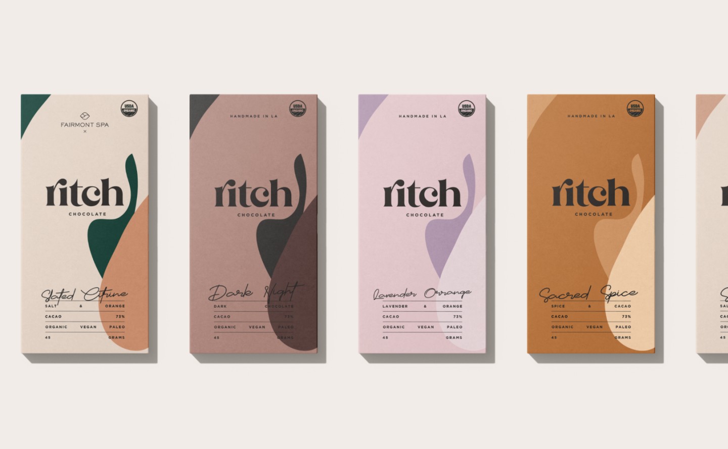 Minimalist packaging design for Ritch Handmade Chocolate featuring soft nude tones and abstract female illustrations.