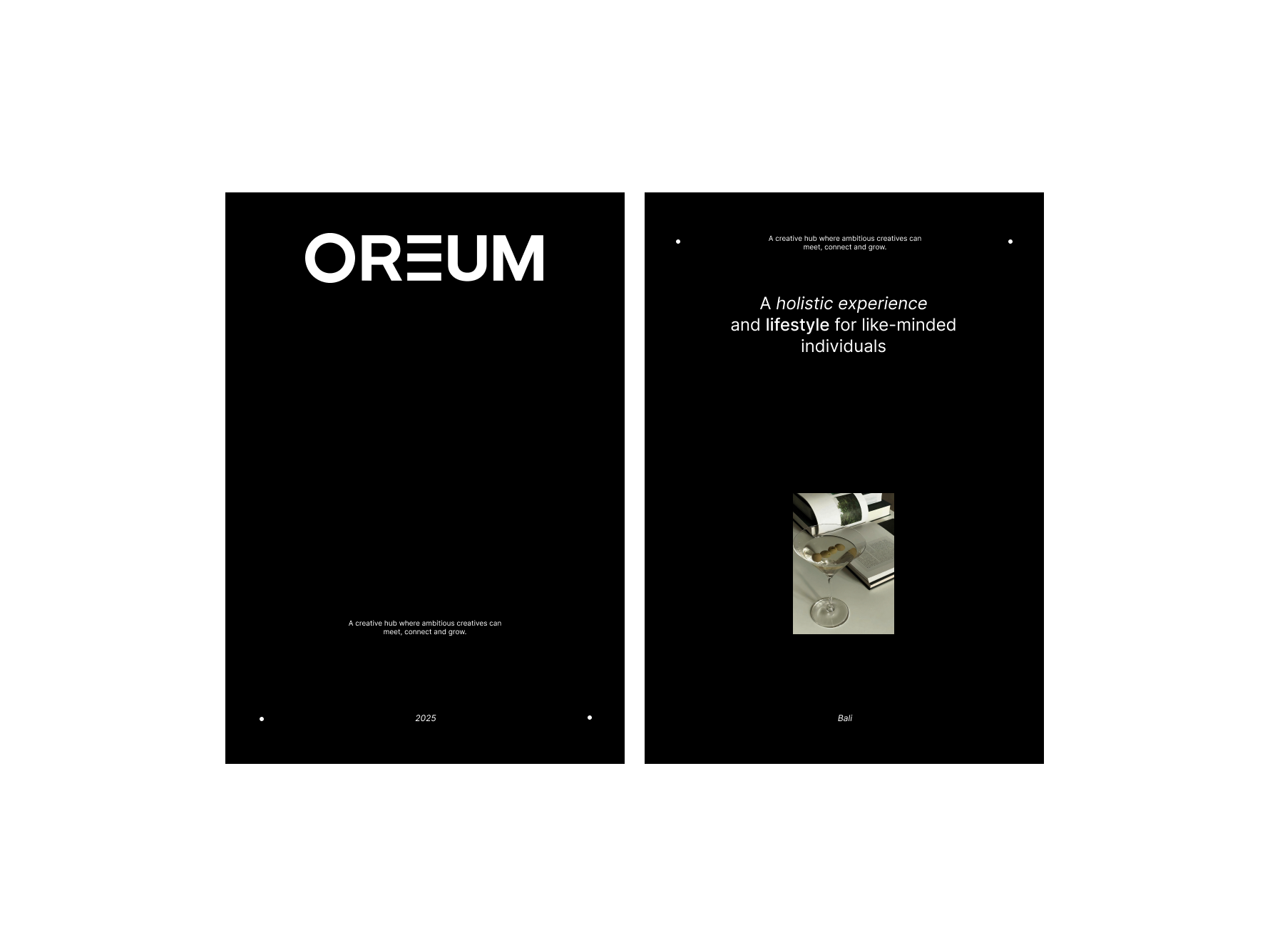 OREUM Website Design & Visual Identity—Holistic Experience Presentation by Eeze Studio Dual-panel layout showcasing OREUM’s bold branding, minimalist logo, and holistic lifestyle messaging in black-and-white; website and brand identity created by Eeze Studio for luxury Bali wellness brands.