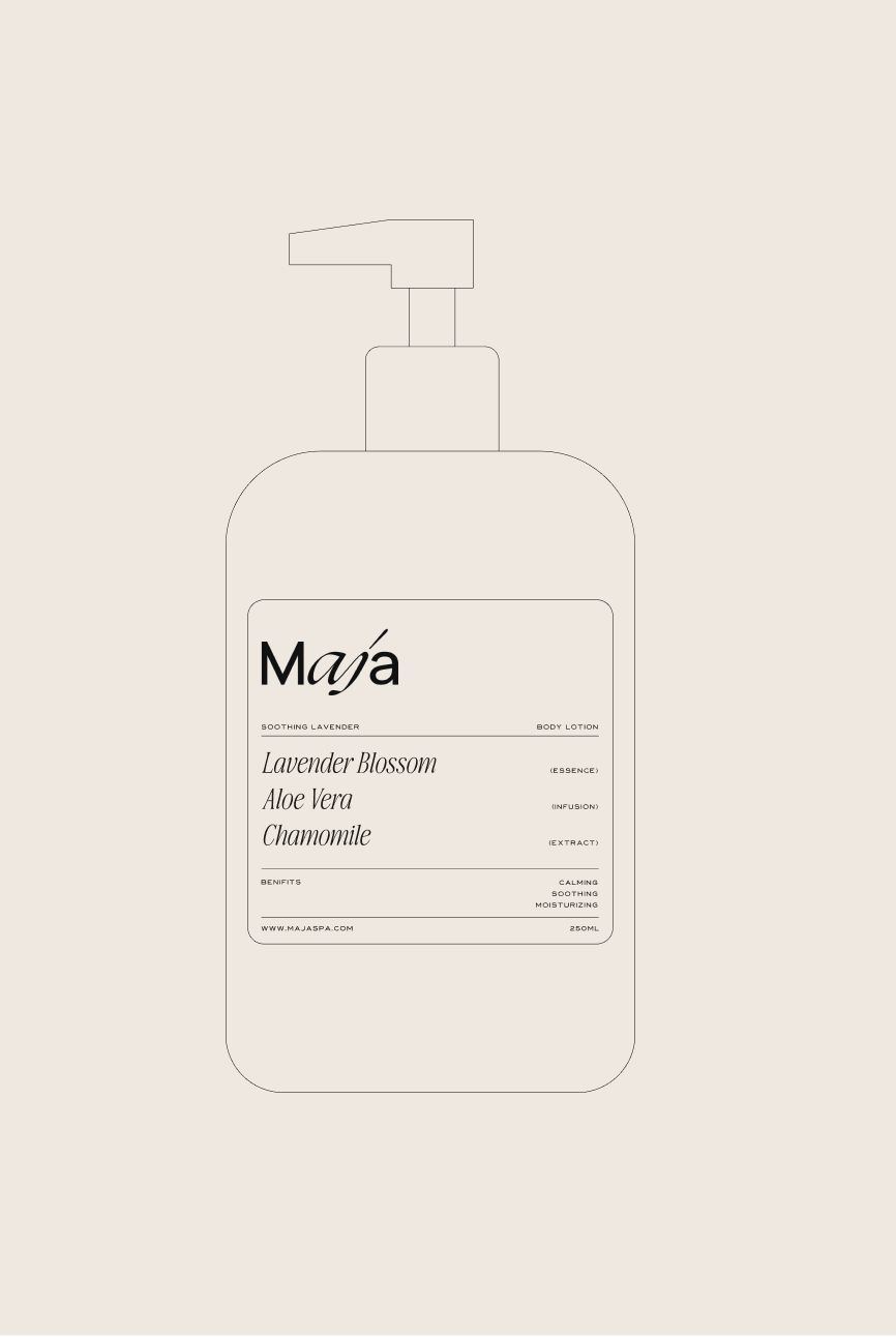 MAJA Bali Body Lotion Packaging – Luxury Spa Branding Design Minimalist bottle design for MAJA Bali body lotion with lavender blossom, aloe vera, and chamomile ingredients, crafted for boutique hotel spa branding and packaging by Eeze Studio