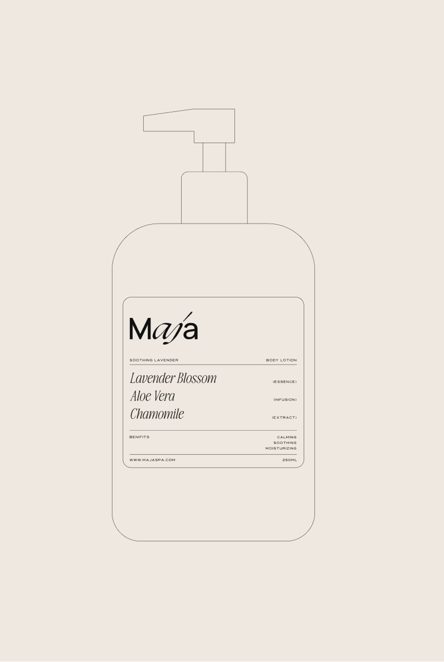 Minimalist bottle design for MAJA Bali body lotion with lavender blossom, aloe vera, and chamomile ingredients, crafted for boutique hotel spa branding and packaging by Eeze Studio