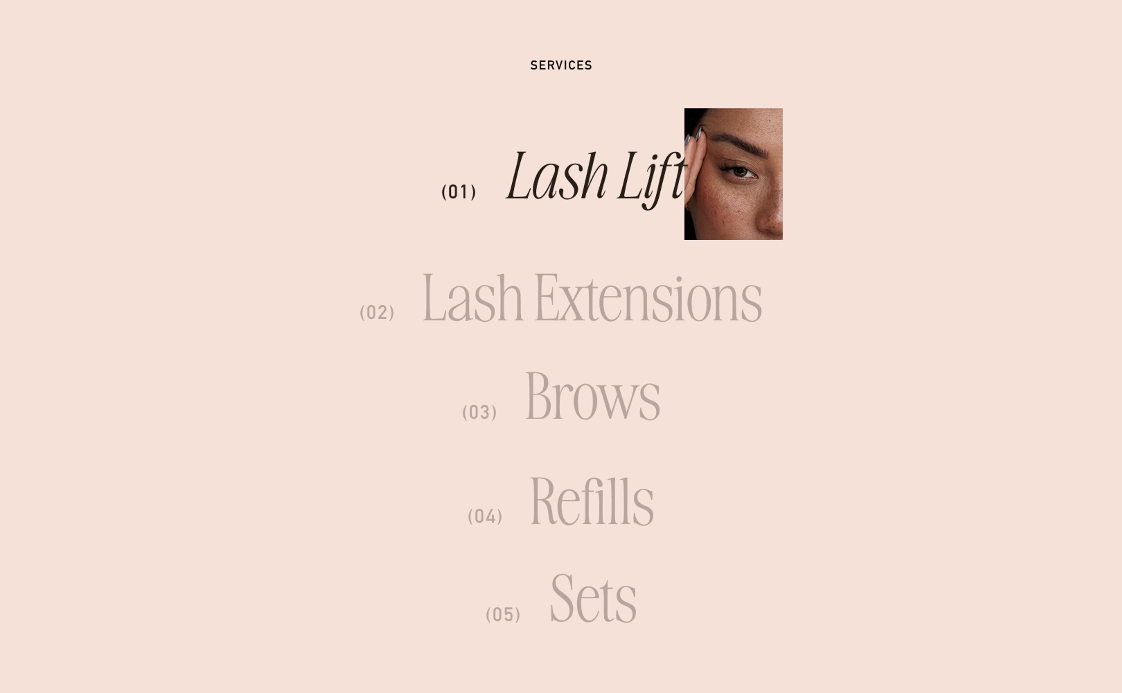 Website Mockup for Eyecandy Lashes showcasing the main navigation for the homepage with animated images