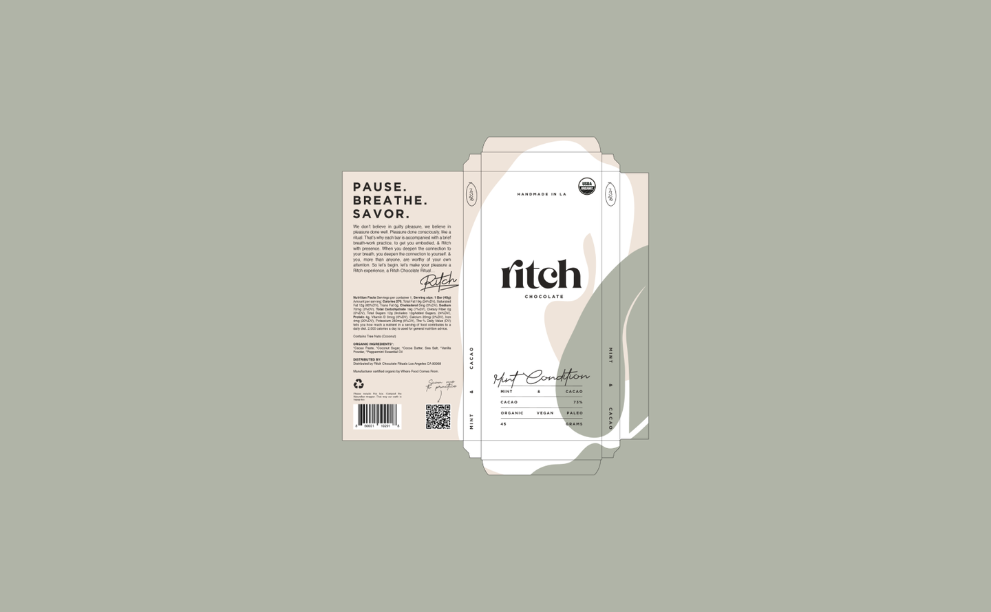 Ritch Chocolate – Mint Condition Full Packaging Dieline by eeze studio Flat dieline of Ritch Handmade Chocolate packaging featuring full front and back design for the Mint Condition bar.