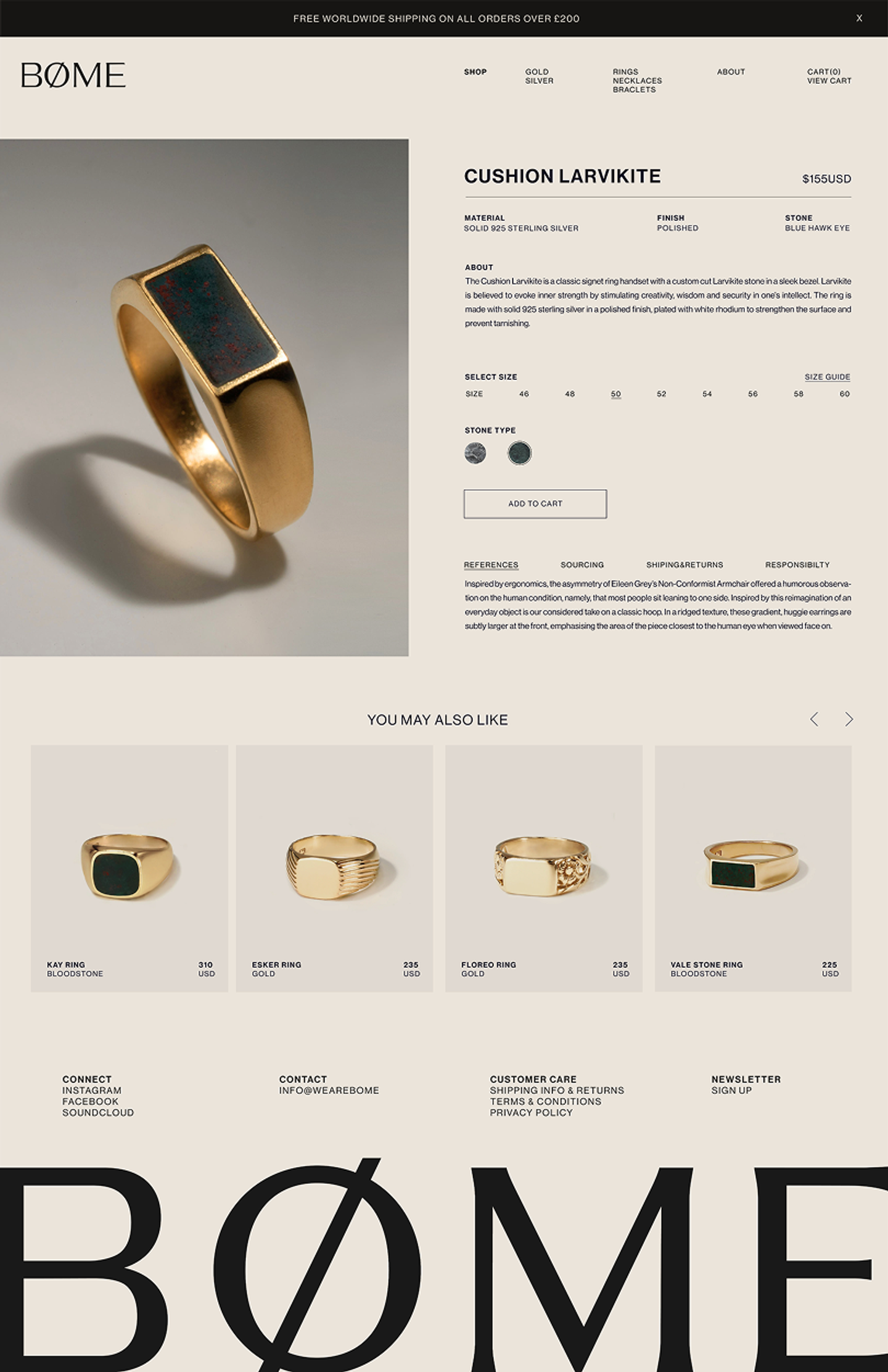BØME Studios product page website design by Eeze Studio Ecommerce product page for BØME Studios Cushion Larvikite ring, showing detailed material specs, stone options, size selector, and related mens rings in a minimalist layout, custom jewelry website design and development created by Eeze Studio.