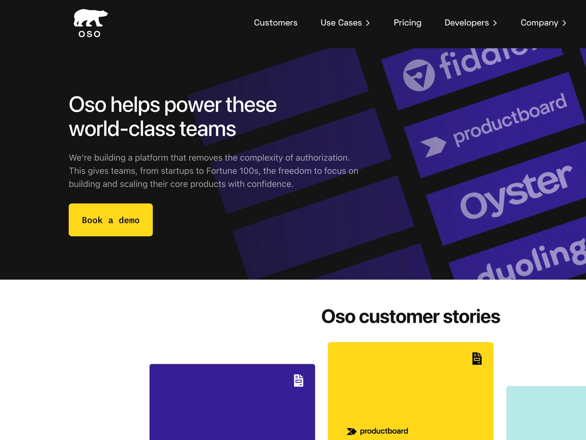 Oso's Customers page, showing case studies and customer logos
