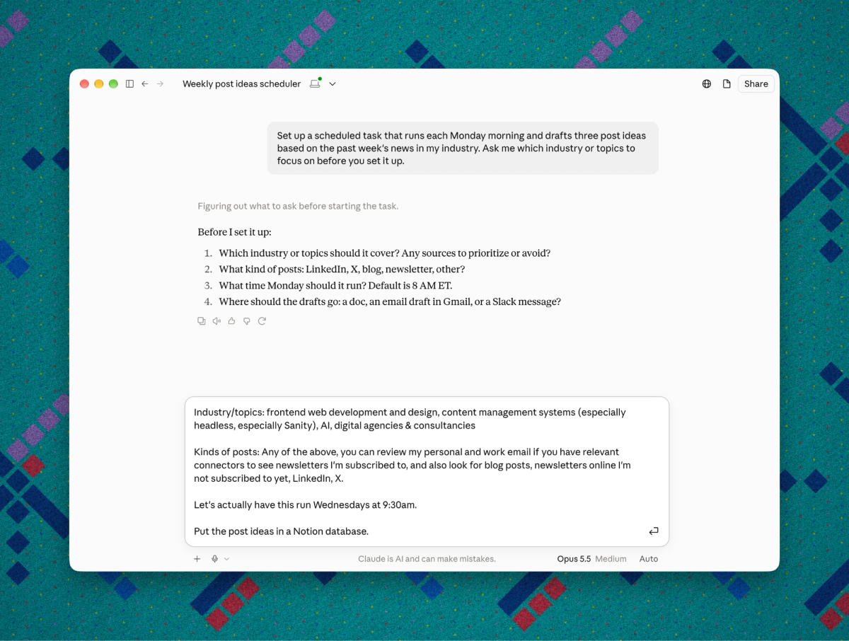 Claude asks about topics, post formats, timing, and where to save drafts while setting up a recurring post-ideas task.