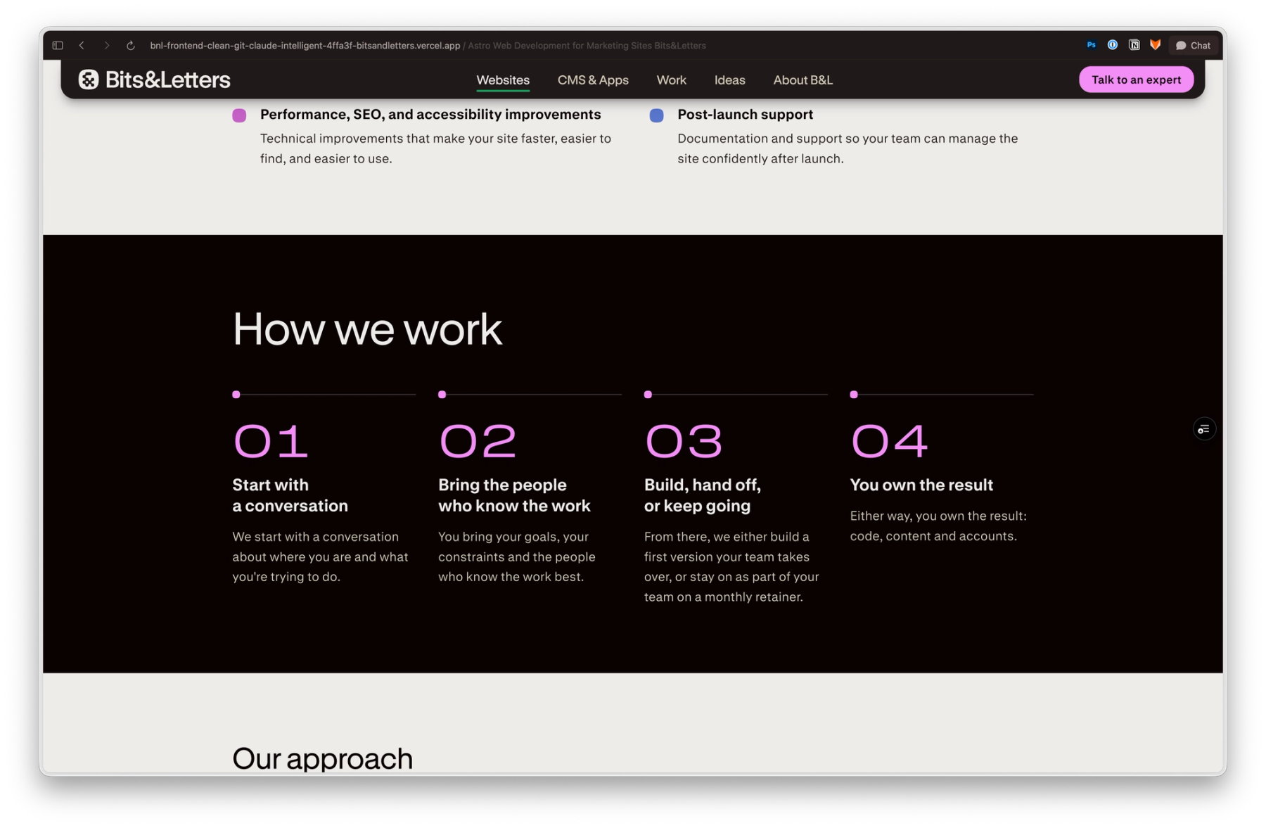 The “How we work” section of the Astro service page: four steps, numbered 01 to 04 in wide fuchsia GT Standard Extended numerals.