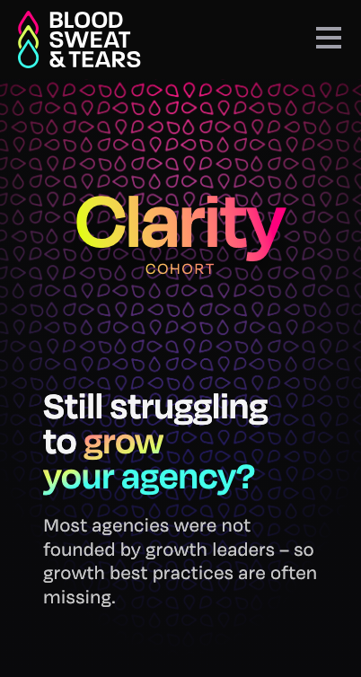 Blood Sweat & Tears Clarity Cohorts page shown on mobile