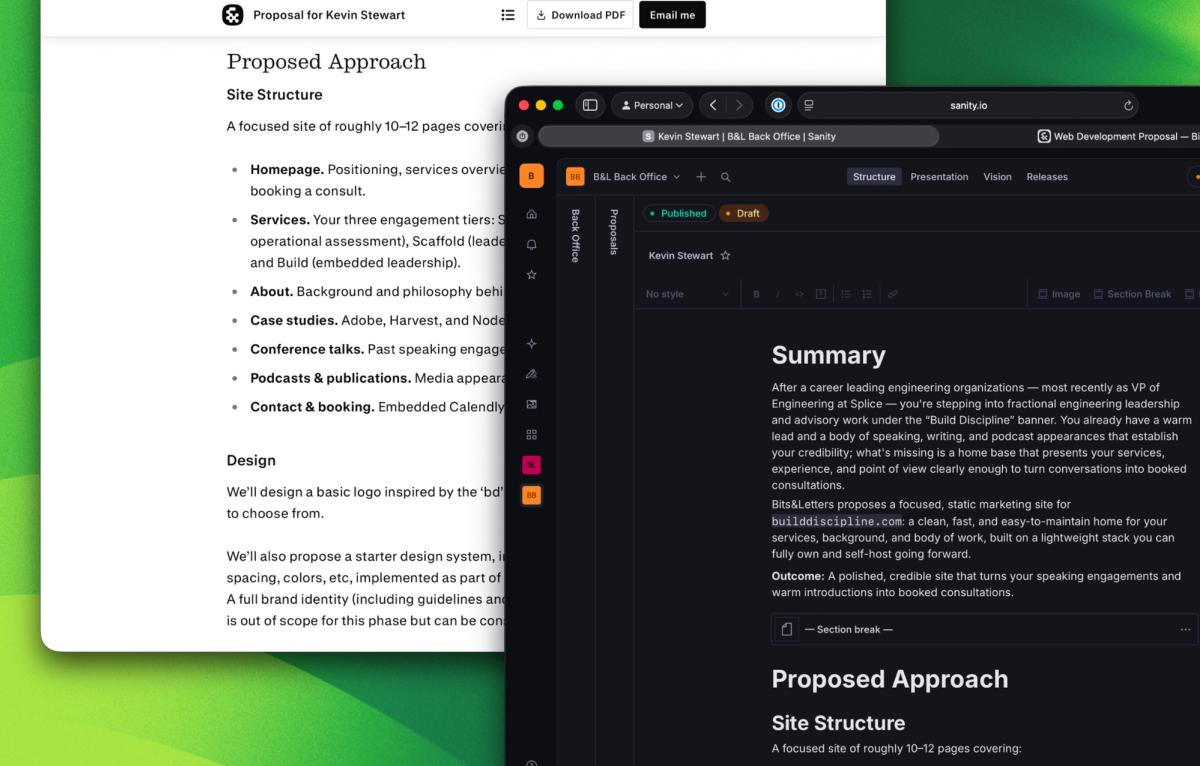 Two Safari browser windows, one showing a Bits&Letters client proposal, the other its Sanity Studio backend editor