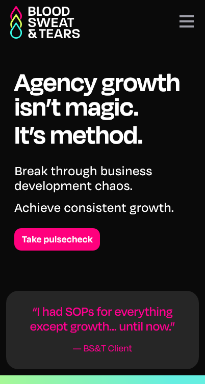 Blood Sweat & Tears homepage shown on mobile