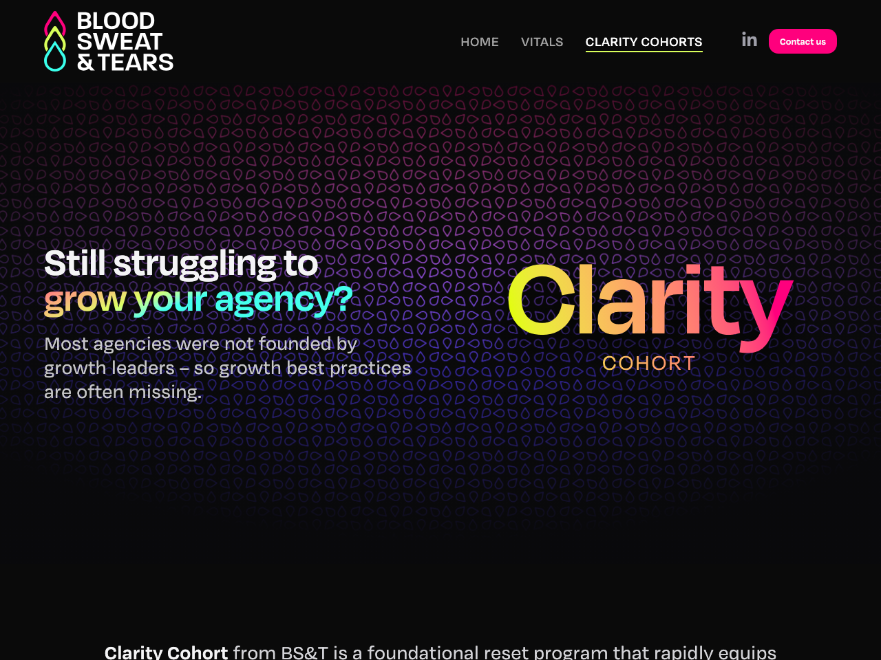 Blood Sweat & Tears Clarity Cohorts page shown on desktop