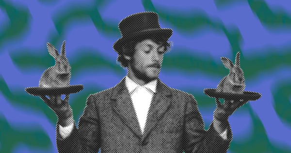 A magician holds two identical rabbits, one in each hand