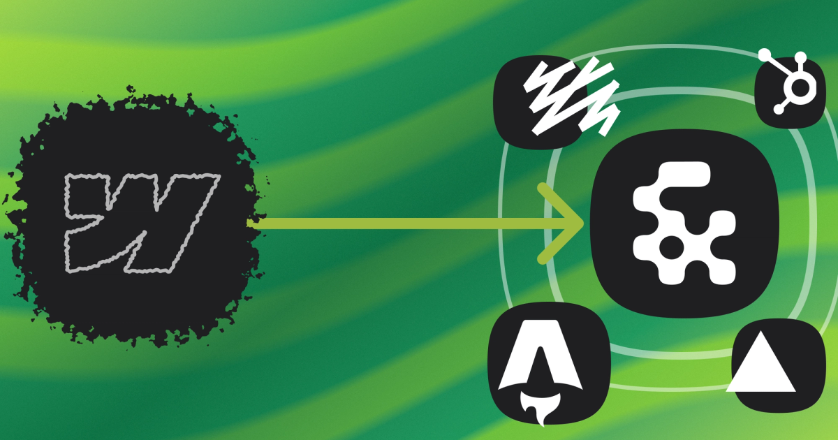 Webflow 'W' logo inside a decaying bubble, green arrow pointing away toward a star system of other logos with the Bits&Letters ampersand in the center; if you're reading this it's possible you have no idea what any of this means or looks like, but let me assure you it's breathtaking
