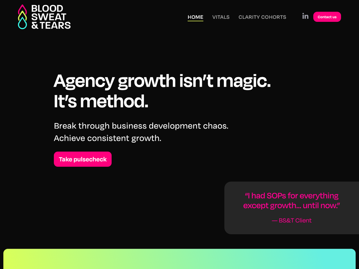 Blood Sweat & Tears homepage shown on desktop