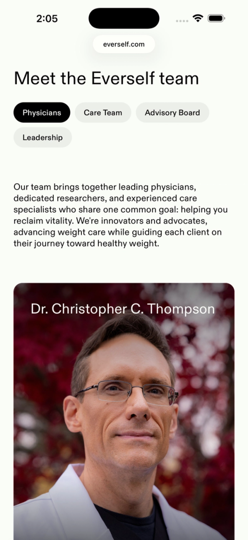 Everself mobile page screenshot in an iPhone simulator