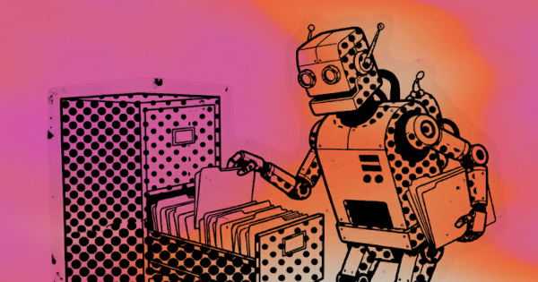 Half-toned image of a robot doing filing work on a pink and orange background