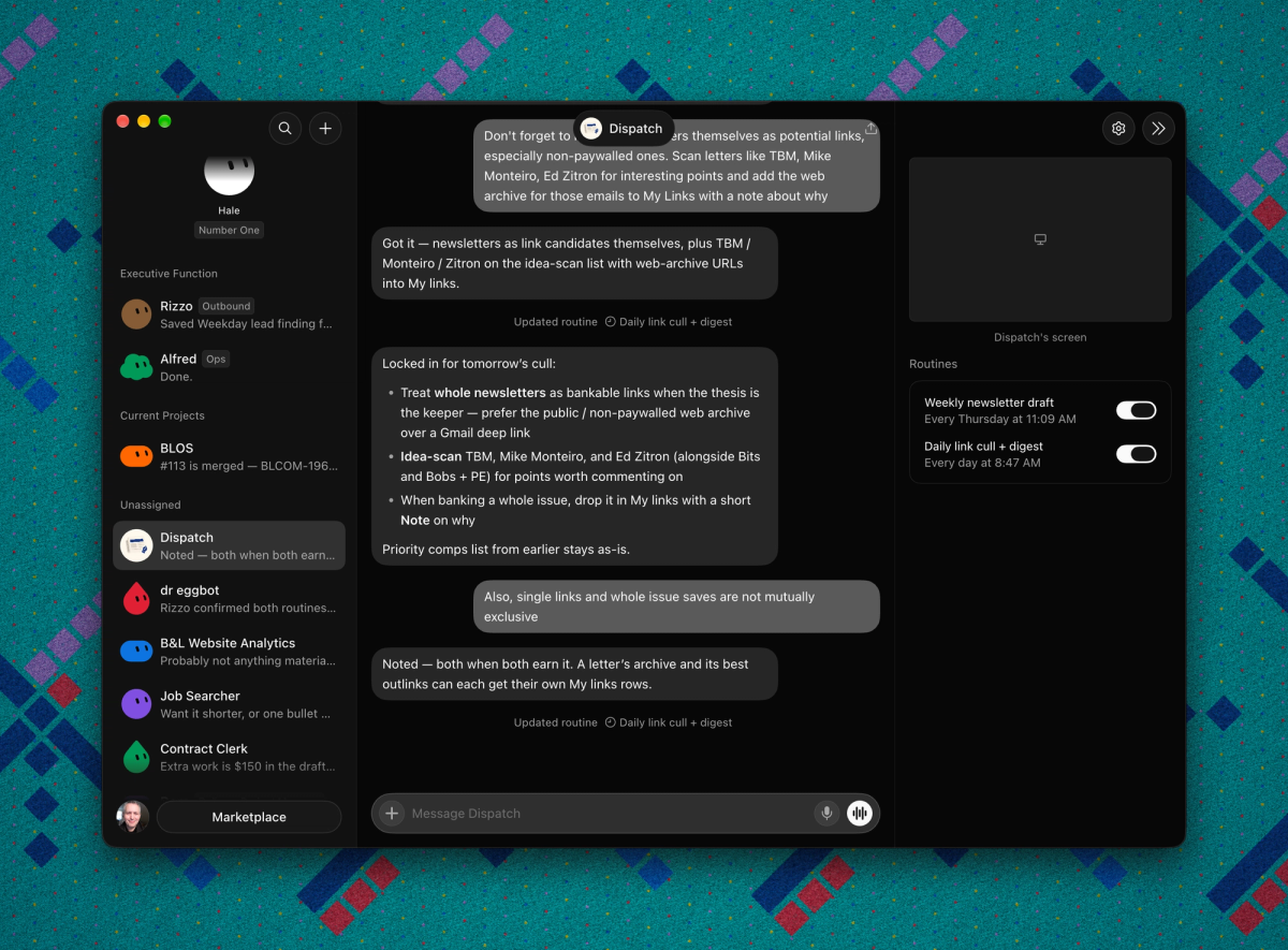 Dispatch in Grok Bot, with instructions for finding newsletter links, scheduled routines, and a sidebar of specialized agents.
