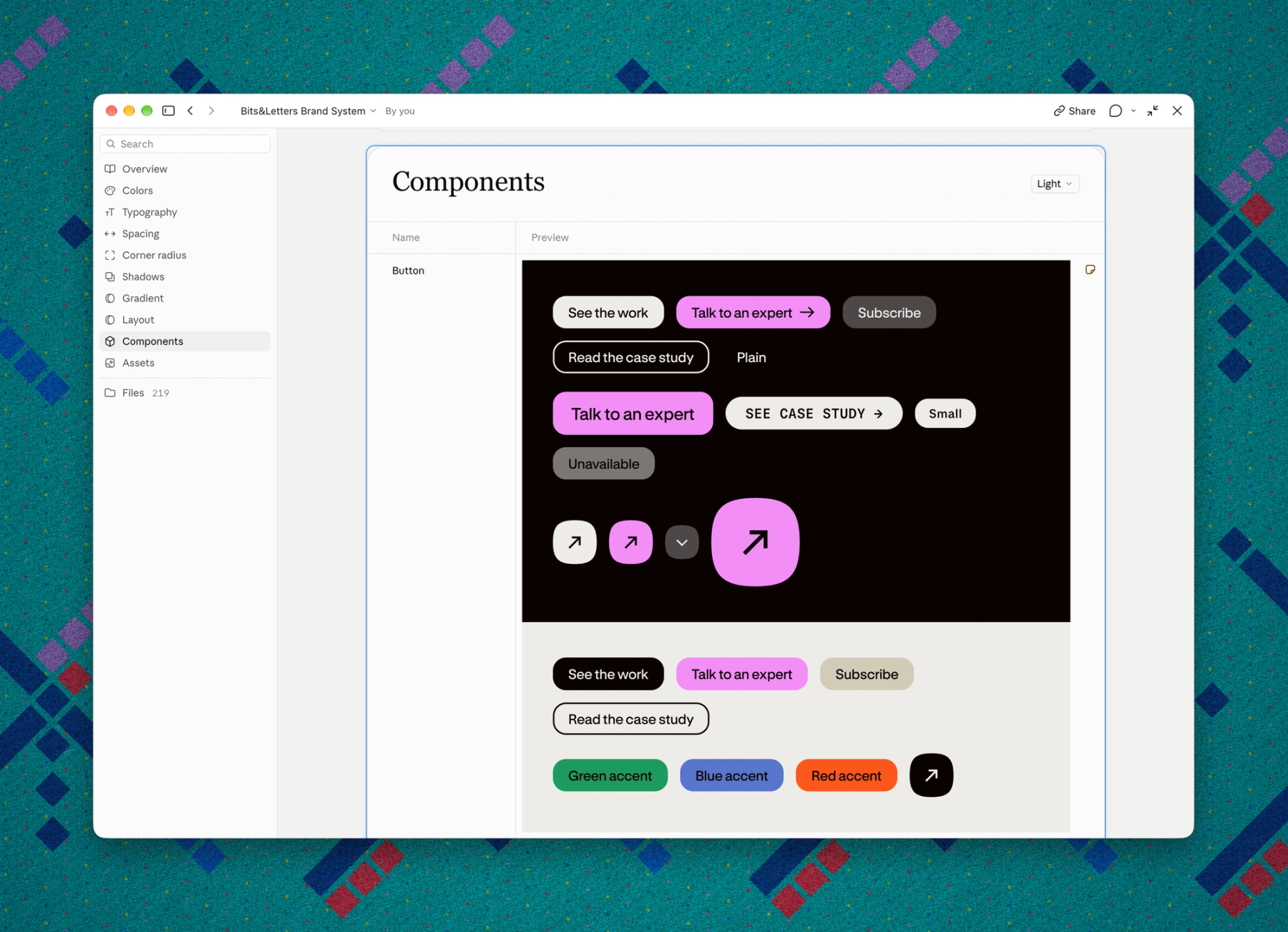 The Components page of the Bits&Letters Brand System in Claude Design, showing the site's buttons on dark and light grounds
